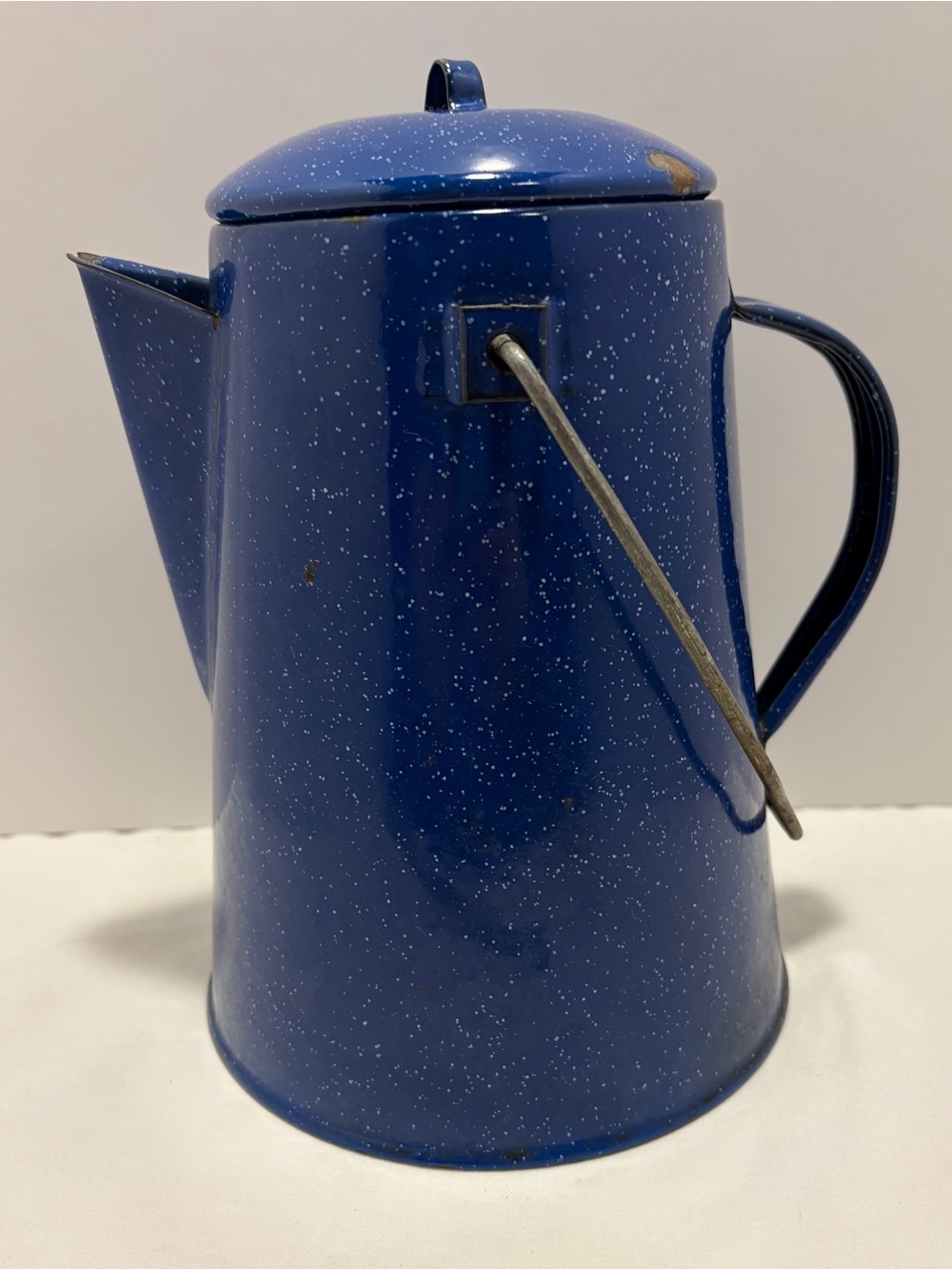 Vintage Blue Enamel Coffee Pot with Handle - Classic Camp-Style Kettle